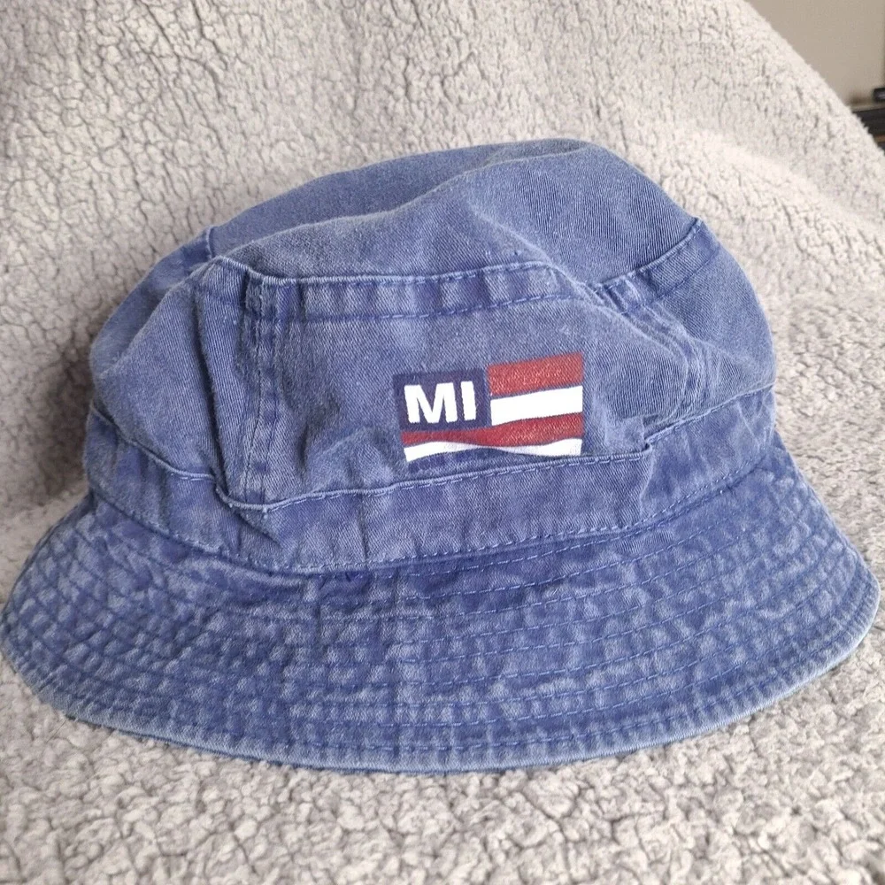 Michigan USA Flag Bucket Sun Hat Cap Blue L/XL Chambray Denim‎ Faded Patriotic